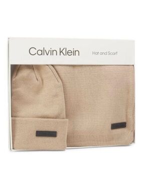 Calvin Klein Men’s Hat and Scarf Logo Set - Tan Knit Winter Set - NWT